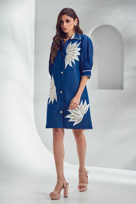 Shagun Nagi The Label Blue Denim Cut Work, Lace Collared Cutwork Embroidered Shirt Dress 