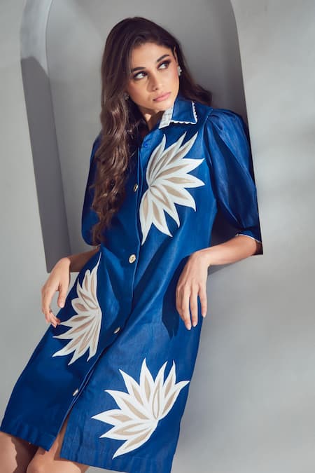 Shagun Nagi The Label_Blue Denim Cut Work, Lace Collared Cutwork Embroidered Shirt Dress _at_Aza_Fashions