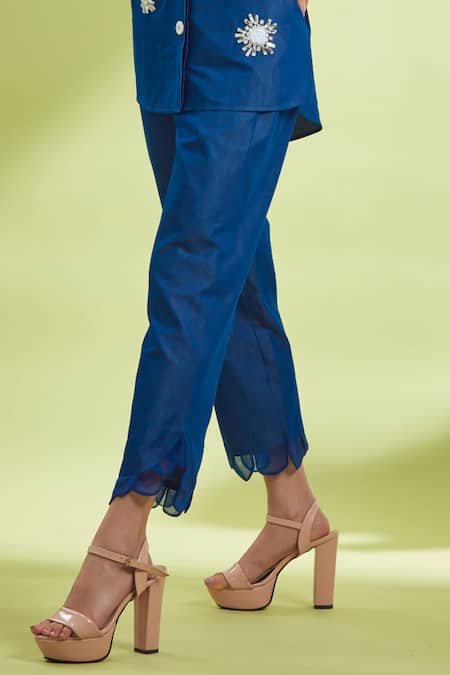 Shagun Nagi The Label Blue Denim, Cotton Crystals, Lace, Embroidery Collared And Stone Set Online at Aza Fashions Shagun Nagi The Label_Blue Denim, Cotton Crystals, Lace, Embroidery Collared And Stone Set _Online_at_Aza_Fashions