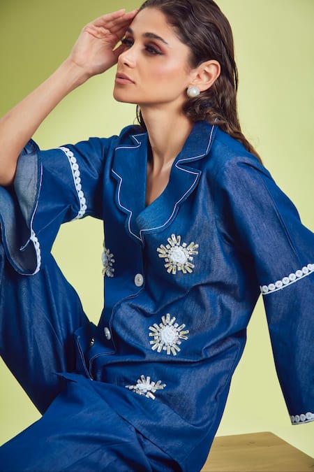 Buy_Shagun Nagi The Label_Blue Denim, Cotton Crystals, Lace, Embroidery Collared And Stone Set 
