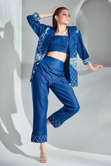 Shop_Shagun Nagi The Label_Blue Denim Embroidery Sweetheart Neck Abstract Print Blazer And Pant Set _at_Aza_Fashions