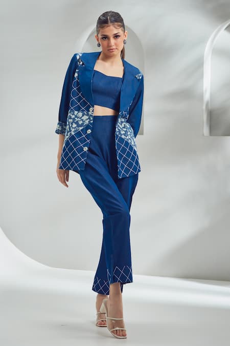 Shagun Nagi The Label Blue Denim Embroidery Sweetheart Neck Abstract Print Blazer And Pant Set 