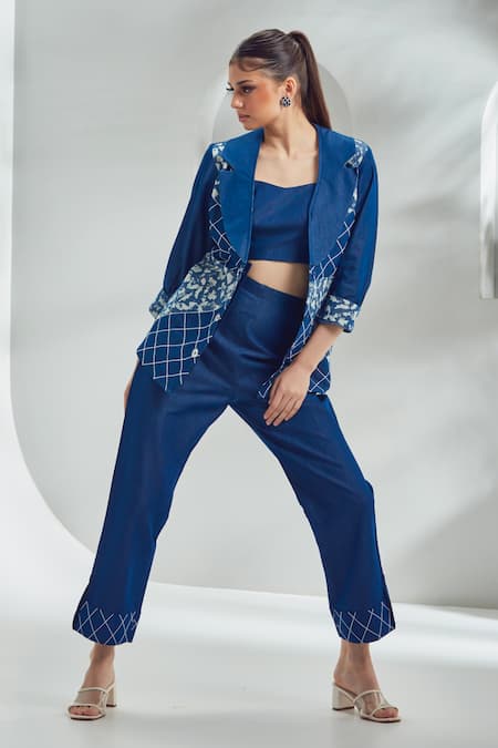Buy_Shagun Nagi The Label_Blue Denim Embroidery Sweetheart Neck Abstract Print Blazer And Pant Set _Online_at_Aza_Fashions