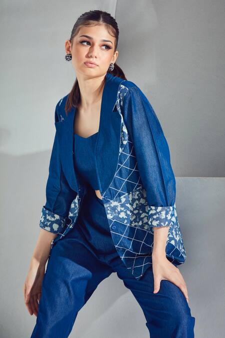 Shop_Shagun Nagi The Label_Blue Denim Embroidery Sweetheart Neck Abstract Print Blazer And Pant Set _Online_at_Aza_Fashions