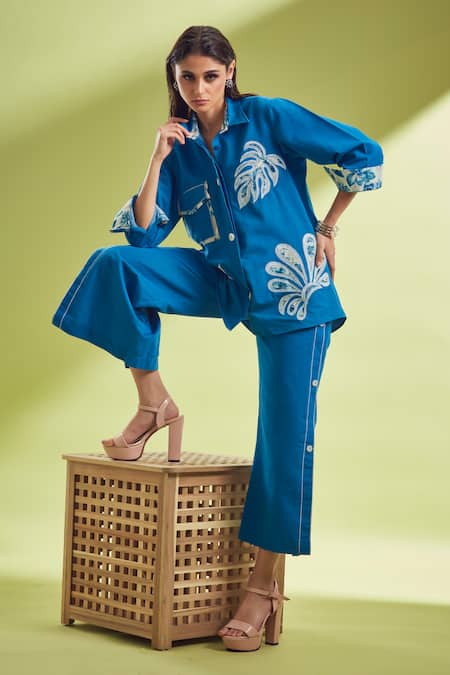 Shagun Nagi The Label Blue Denim, Cotton Cut Work, Embroidery, Applique Hand Shirt And Pant Set 