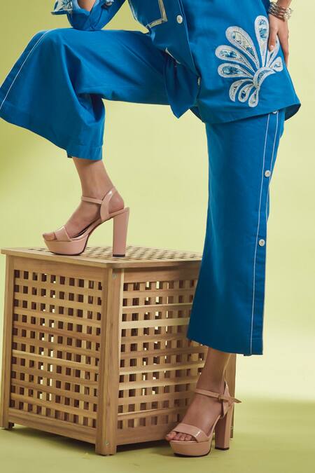 Shagun Nagi The Label Blue Denim, Cotton Cut Work, Embroidery, Applique Hand Shirt And Pant Set Online at Aza Fashions Shagun Nagi The Label_Blue Denim, Cotton Cut Work, Embroidery, Applique Hand Shirt And Pant Set _Online_at_Aza_Fashions