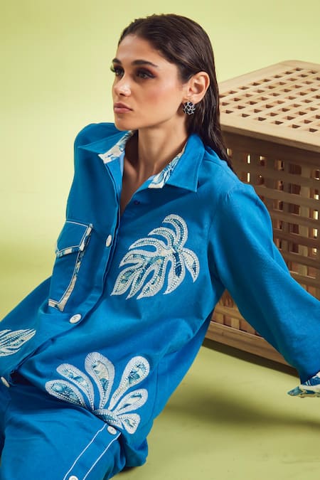 Buy_Shagun Nagi The Label_Blue Denim, Cotton Cut Work, Embroidery, Applique Hand Shirt And Pant Set _Online_at_Aza_Fashions