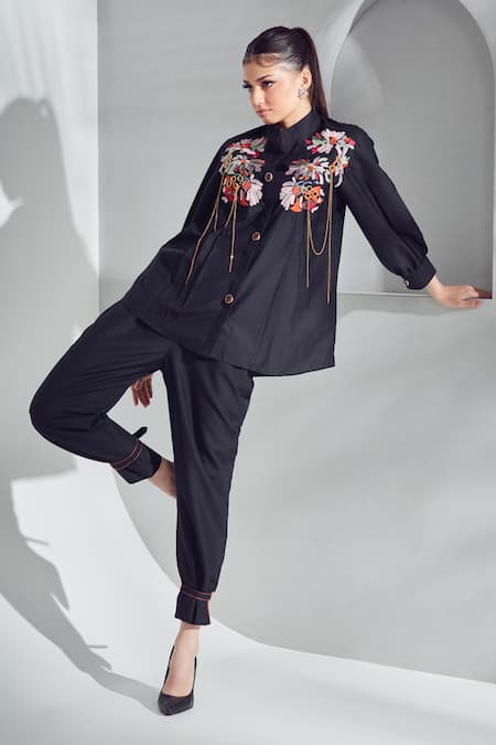 Shop_Shagun Nagi The Label_Black Poplin Embroidery, Chains Bandeau Neck Floral Thread Shirt And Pant Set _at_Aza_Fashions
