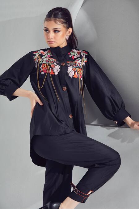 Shop_Shagun Nagi The Label_Black Poplin Embroidery, Chains Bandeau Neck Floral Thread Shirt And Pant Set _Online_at_Aza_Fashions