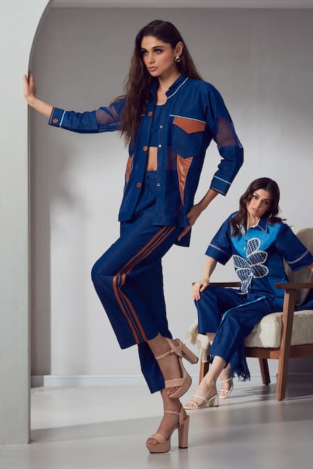 Shagun Nagi The Label Blue Leather Patchwork Shirt & Pant Set 