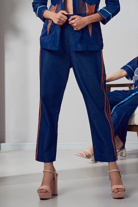 Shagun Nagi The Label_Blue Organza, Denim Embroidery, Patchwork Collared Leather Shirt And Pant Set _Online_at_Aza_Fashions