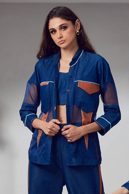 Shop_Shagun Nagi The Label_Blue Organza, Denim Embroidery, Patchwork Collared Leather Shirt And Pant Set _Online_at_Aza_Fashions
