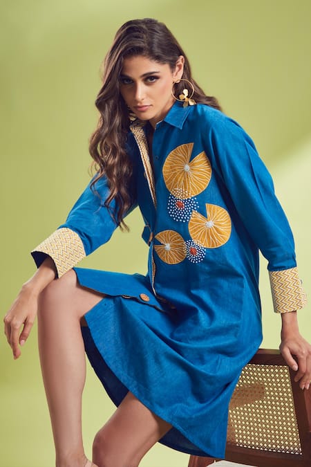Shop_Shagun Nagi The Label_Blue Denim Applique Collared Embroidered Shirt Dress _at_Aza_Fashions