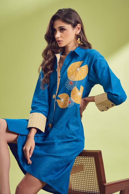 Buy_Shagun Nagi The Label_Blue Denim Applique Collared Embroidered Shirt Dress _Online_at_Aza_Fashions