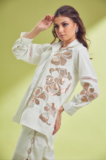 Shop Shagun Nagi The Label White Linen, Cotton Cut Work, Embroidery, Fabric Leather Cutwork Shirt Set at Aza Fashions Shop_Shagun Nagi The Label_White Linen, Cotton Cut Work, Embroidery, Fabric Leather Cutwork Shirt Set _at_Aza_Fashions