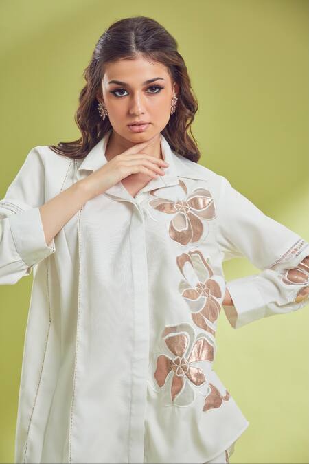 Shagun Nagi The Label White Linen, Cotton Cut Work, Embroidery, Fabric Leather Cutwork Shirt Set Online at Aza Fashions Shagun Nagi The Label_White Linen, Cotton Cut Work, Embroidery, Fabric Leather Cutwork Shirt Set _Online_at_Aza_Fashions