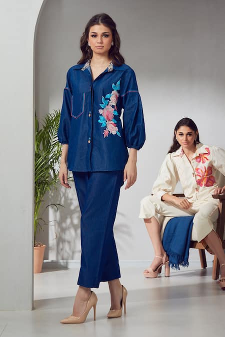 Shop Shagun Nagi The Label Blue Denim, Cotton Sequins, Embroidery Collared Shirt And Pant Set at Aza Fashions Shop_Shagun Nagi The Label_Blue Denim, Cotton Sequins, Embroidery Collared Shirt And Pant Set _at_Aza_Fashions