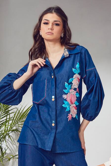Buy Shagun Nagi The Label Blue Denim, Cotton Sequins, Embroidery Collared Shirt And Pant Set Online at Aza Fashions Buy_Shagun Nagi The Label_Blue Denim, Cotton Sequins, Embroidery Collared Shirt And Pant Set _Online_at_Aza_Fashions