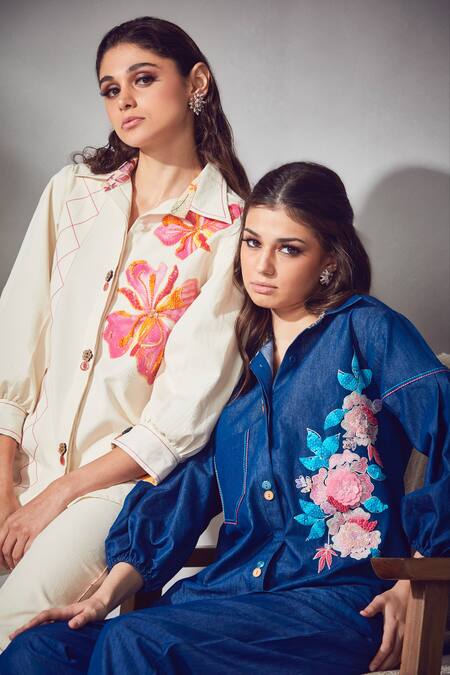Shop_Shagun Nagi The Label_Blue Denim, Cotton Sequins, Embroidery Collared Shirt And Pant Set _Online_at_Aza_Fashions