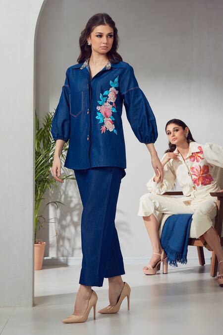 Shagun Nagi The Label Blue Denim, Cotton Sequins, Embroidery Collared Shirt And Pant Set at Aza Fashions Shagun Nagi The Label_Blue Denim, Cotton Sequins, Embroidery Collared Shirt And Pant Set _at_Aza_Fashions