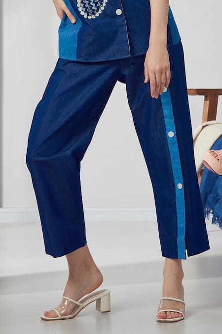 Shagun Nagi The Label_Blue Denim, Cotton Patchwork, Embroidery Collared Shirt And Pant Set _Online_at_Aza_Fashions