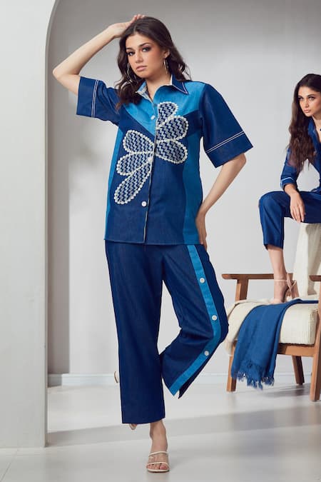 Shagun Nagi The Label Embroidered Patchwork Denim Shirt & Pant Set 