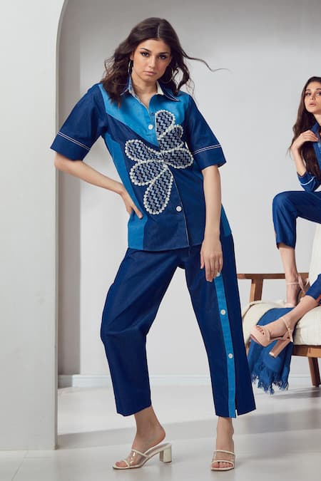 Buy_Shagun Nagi The Label_Blue Denim, Cotton Patchwork, Embroidery Collared Shirt And Pant Set _Online_at_Aza_Fashions