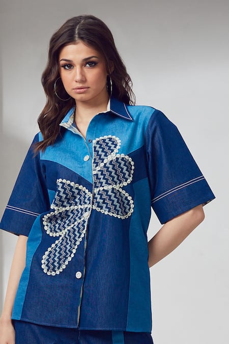 Shop_Shagun Nagi The Label_Blue Denim, Cotton Patchwork, Embroidery Collared Shirt And Pant Set _Online_at_Aza_Fashions