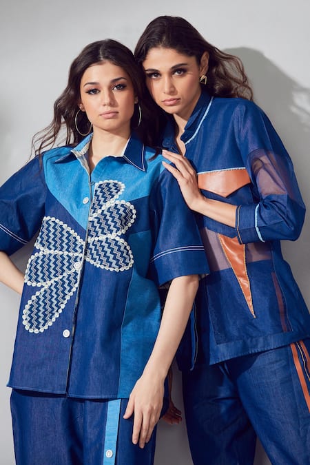 Shagun Nagi The Label_Blue Denim, Cotton Patchwork, Embroidery Collared Shirt And Pant Set _at_Aza_Fashions