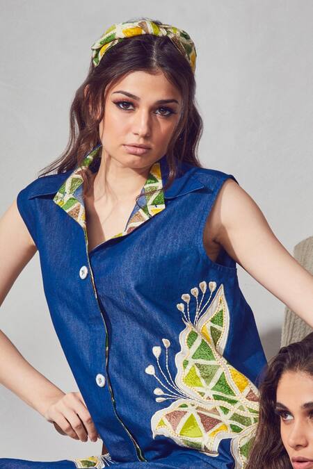 Shagun Nagi The Label_Blue Denim, Cotton Applique, Embroidery Collared Shirt Dress _Online_at_Aza_Fashions