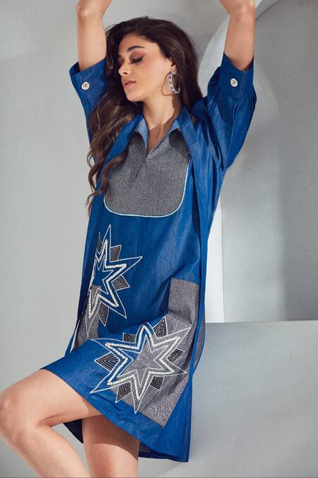 Shop_Shagun Nagi The Label_Blue Denim, Cotton Patchwork, Stones Open Neck Embroidered Short Dress _Online_at_Aza_Fashions