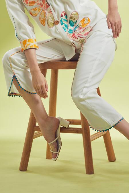 Shagun Nagi The Label White Linen, Cotton Applique, Cut Work, Embroidery Flower Shirt And Pant Set Online at Aza Fashions Shagun Nagi The Label_White Linen, Cotton Applique, Cut Work, Embroidery Flower Shirt And Pant Set _Online_at_Aza_Fashions