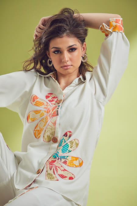 Buy_Shagun Nagi The Label_White Linen, Cotton Applique, Cut Work, Embroidery Flower Shirt And Pant Set _Online_at_Aza_Fashions