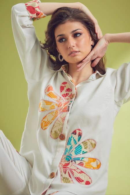 Shop Shagun Nagi The Label White Linen, Cotton Applique, Cut Work, Embroidery Flower Shirt And Pant Set at Aza Fashions Shop_Shagun Nagi The Label_White Linen, Cotton Applique, Cut Work, Embroidery Flower Shirt And Pant Set _at_Aza_Fashions