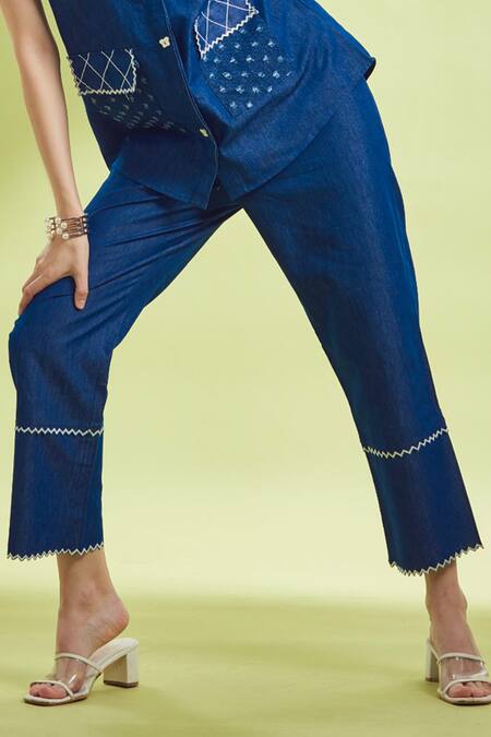 Shagun Nagi The Label Blue Denim, Cotton Embroidery Collared Shirt And Pant Set Online at Aza Fashions Shagun Nagi The Label_Blue Denim, Cotton Embroidery Collared Shirt And Pant Set _Online_at_Aza_Fashions