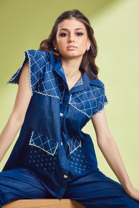 Buy_Shagun Nagi The Label_Blue Denim, Cotton Embroidery Collared Shirt And Pant Set _Online_at_Aza_Fashions