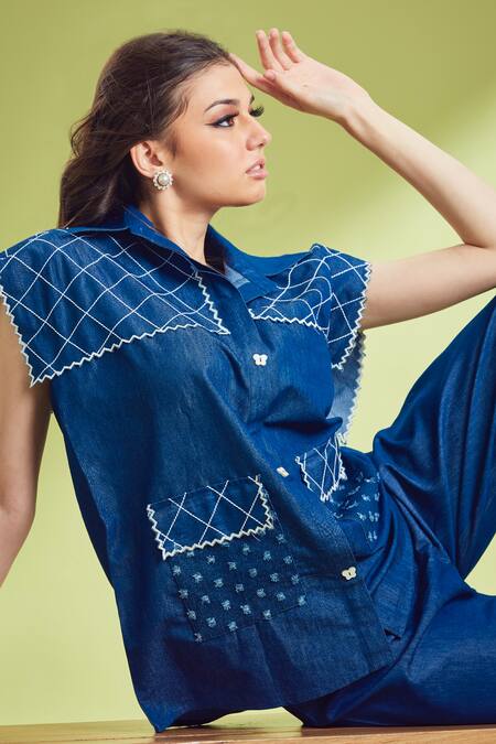 Shop_Shagun Nagi The Label_Blue Denim, Cotton Embroidery Collared Shirt And Pant Set _Online_at_Aza_Fashions