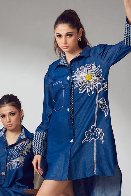 Shop Shagun Nagi The Label Blue Denim Cut Work, Embroidery Collared Flower Shirt Dress Online at Aza Fashions Shop_Shagun Nagi The Label_Blue Denim Cut Work, Embroidery Collared Flower Shirt Dress _Online_at_Aza_Fashions