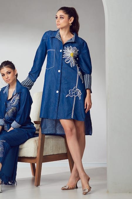 Shop Shagun Nagi The Label Blue Denim Cut Work, Embroidery Collared Flower Shirt Dress at Aza Fashions Shop_Shagun Nagi The Label_Blue Denim Cut Work, Embroidery Collared Flower Shirt Dress _at_Aza_Fashions