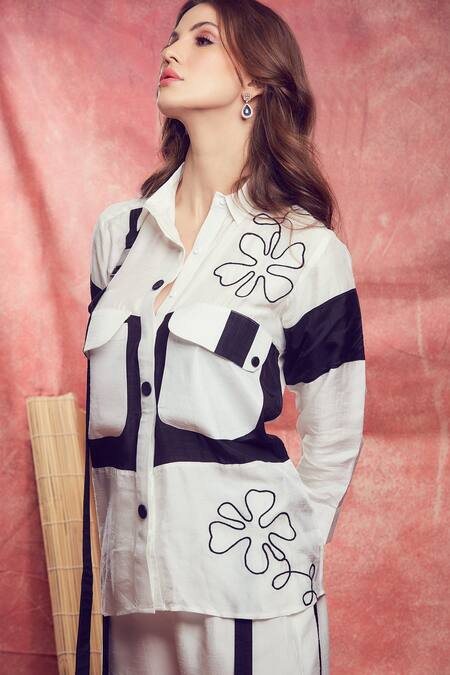 Shagun Nagi The Label White Silk, Cotton Embroidery, Patchwork Collared Floral Shirt And Pant Set Online at Aza Fashions Shagun Nagi The Label_White Silk, Cotton Embroidery, Patchwork Collared Floral Shirt And Pant Set _Online_at_Aza_Fashions