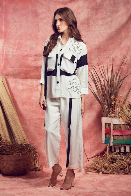 Shop Shagun Nagi The Label White Silk, Cotton Embroidery, Patchwork Collared Floral Shirt And Pant Set at Aza Fashions Shop_Shagun Nagi The Label_White Silk, Cotton Embroidery, Patchwork Collared Floral Shirt And Pant Set _at_Aza_Fashions