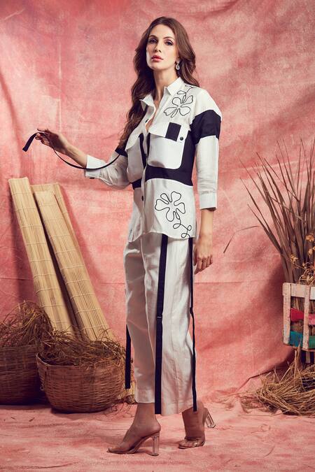 Shop Shagun Nagi The Label White Silk, Cotton Embroidery, Patchwork Collared Floral Shirt And Pant Set Online at Aza Fashions Shop_Shagun Nagi The Label_White Silk, Cotton Embroidery, Patchwork Collared Floral Shirt And Pant Set _Online_at_Aza_Fashions