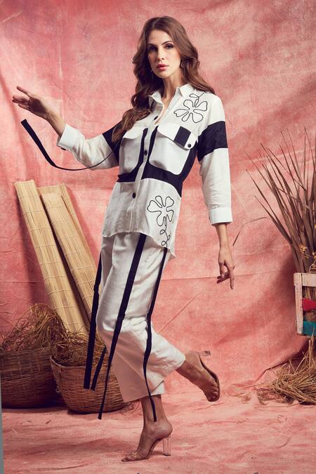 Shagun Nagi The Label White Silk, Cotton Embroidery, Patchwork Collared Floral Shirt And Pant Set at Aza Fashions Shagun Nagi The Label_White Silk, Cotton Embroidery, Patchwork Collared Floral Shirt And Pant Set _at_Aza_Fashions