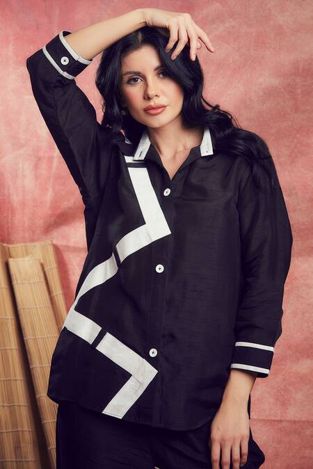 Shagun Nagi The Label Black Silk, Cotton Patchwork Collared Zig Zag Shirt And Pant Set Online at Aza Fashions Shagun Nagi The Label_Black Silk, Cotton Patchwork Collared Zig Zag Shirt And Pant Set _Online_at_Aza_Fashions