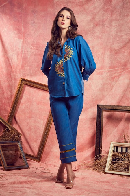 Shop Shagun Nagi The Label Blue Denim, Cotton Lace, Embroidery Collared Shirt And Pant Set at Aza Fashions Shop_Shagun Nagi The Label_Blue Denim, Cotton Lace, Embroidery Collared Shirt And Pant Set _at_Aza_Fashions