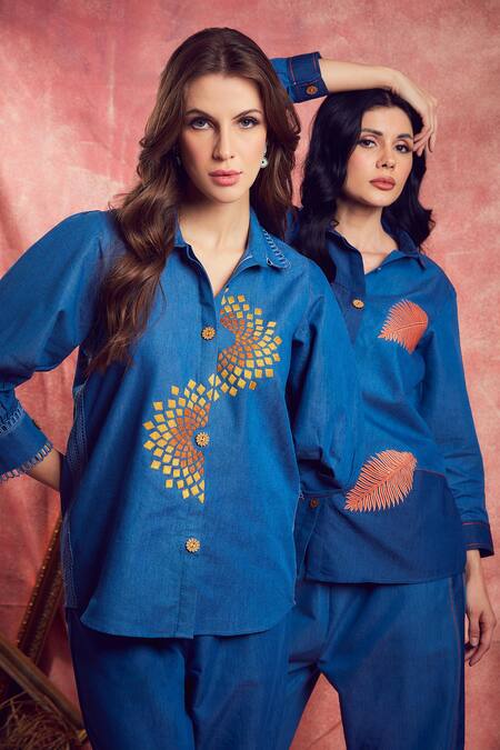 Shagun Nagi The Label Blue Denim, Cotton Lace, Embroidery Collared Shirt And Pant Set Online at Aza Fashions Shagun Nagi The Label_Blue Denim, Cotton Lace, Embroidery Collared Shirt And Pant Set _Online_at_Aza_Fashions