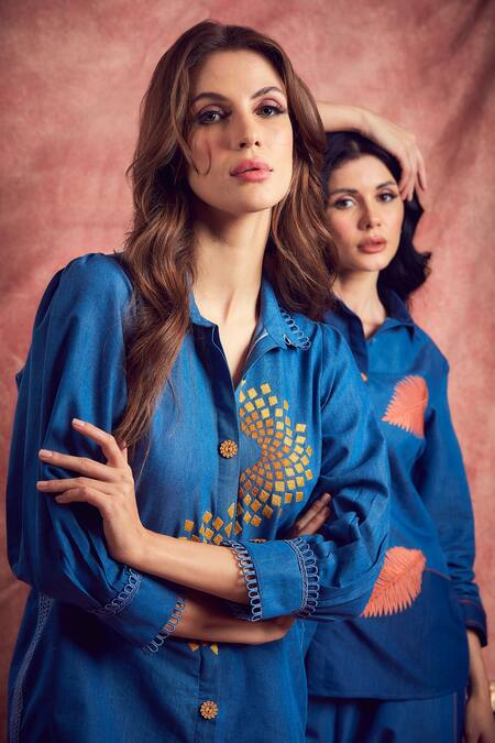 Buy Shagun Nagi The Label Blue Denim, Cotton Lace, Embroidery Collared Shirt And Pant Set Online at Aza Fashions Buy_Shagun Nagi The Label_Blue Denim, Cotton Lace, Embroidery Collared Shirt And Pant Set _Online_at_Aza_Fashions