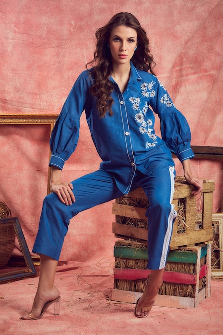 Shop Shagun Nagi The Label Blue Denim, Cotton Embroidery, Lace Collared Flower Hand Shirt And Pant Set at Aza Fashions Shop_Shagun Nagi The Label_Blue Denim, Cotton Embroidery, Lace Collared Flower Hand Shirt And Pant Set _at_Aza_Fashions