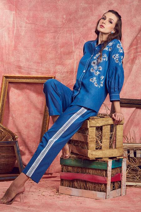 Shagun Nagi The Label Blue Denim, Cotton Embroidery, Lace Collared Flower Hand Shirt And Pant Set Online at Aza Fashions Shagun Nagi The Label_Blue Denim, Cotton Embroidery, Lace Collared Flower Hand Shirt And Pant Set _Online_at_Aza_Fashions