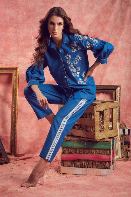 Buy Shagun Nagi The Label Blue Denim, Cotton Embroidery, Lace Collared Flower Hand Shirt And Pant Set Online at Aza Fashions Buy_Shagun Nagi The Label_Blue Denim, Cotton Embroidery, Lace Collared Flower Hand Shirt And Pant Set _Online_at_Aza_Fashions